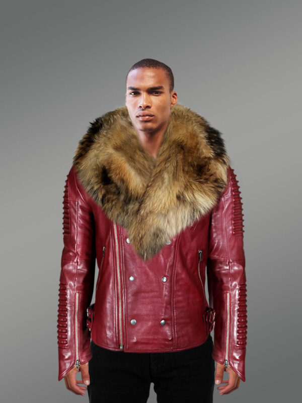 Men’s Wine Color Fashion Leather Moto Jacket With Real Raccoon Collar For Winter