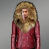 Men’s Wine Color Fashion Leather Moto Jacket With Real Raccoon Collar For Winter