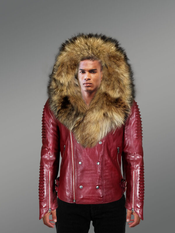 Men’s Wine Color Fashion Leather Moto Jacket With Real Raccoon Collar For Winter