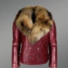 Men’s Wine Color Fashion Leather Moto Jacket With Real Raccoon Collar For Winter