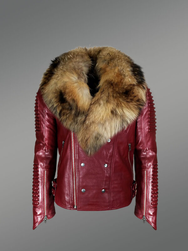 Men’s Wine Color Fashion Leather Moto Jacket With Real Raccoon Collar For Winter