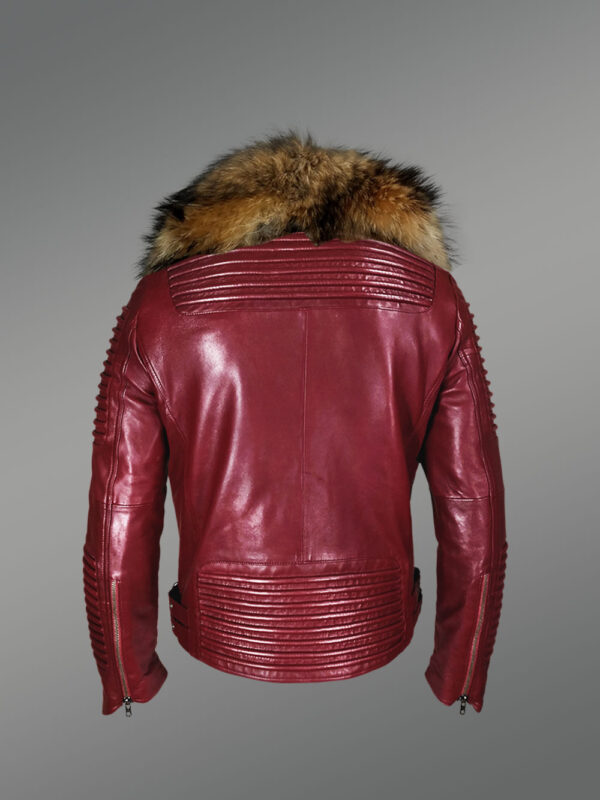 Men’s Wine Color Fashion Leather Moto Jacket With Real Raccoon Collar For Winter