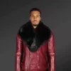 New-Mens-Wine-Color-Motorcycle-Biker-Jacket-with-Detachable-Fox-Fur-Collar