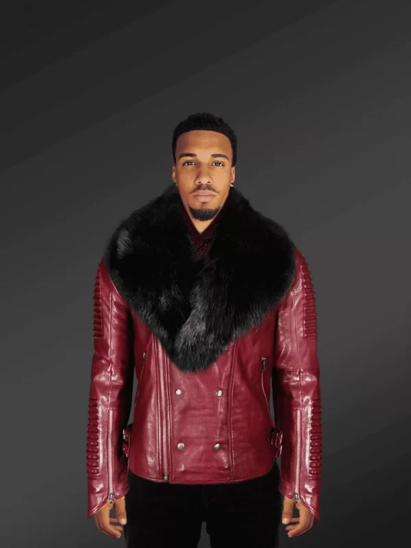 New-Mens-Wine-Color-Motorcycle-Biker-Jacket-with-Detachable-Fox-Fur-Collar