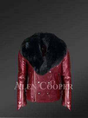 New-Mens-Wine-Color-Motorcycle-Biker-Jacket-with-Detachable-Fox-Fur-Collar