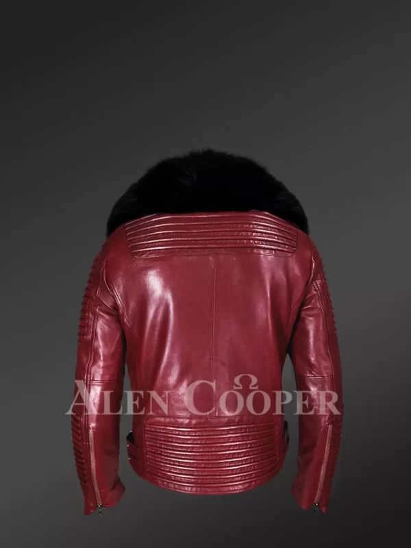 New-Mens-Wine-Color-Motorcycle-Biker-Jacket-with-Detachable-Fox-Fur-Collar-back-side-view