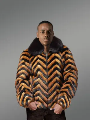 Whiskey Mink Jacket With Black Fox Collar