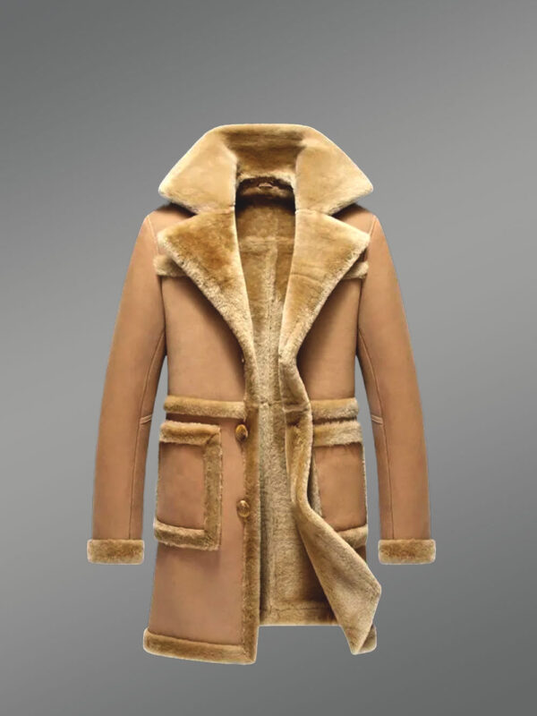 Shearling Long Coat in Camel Brown with a Suede Finish