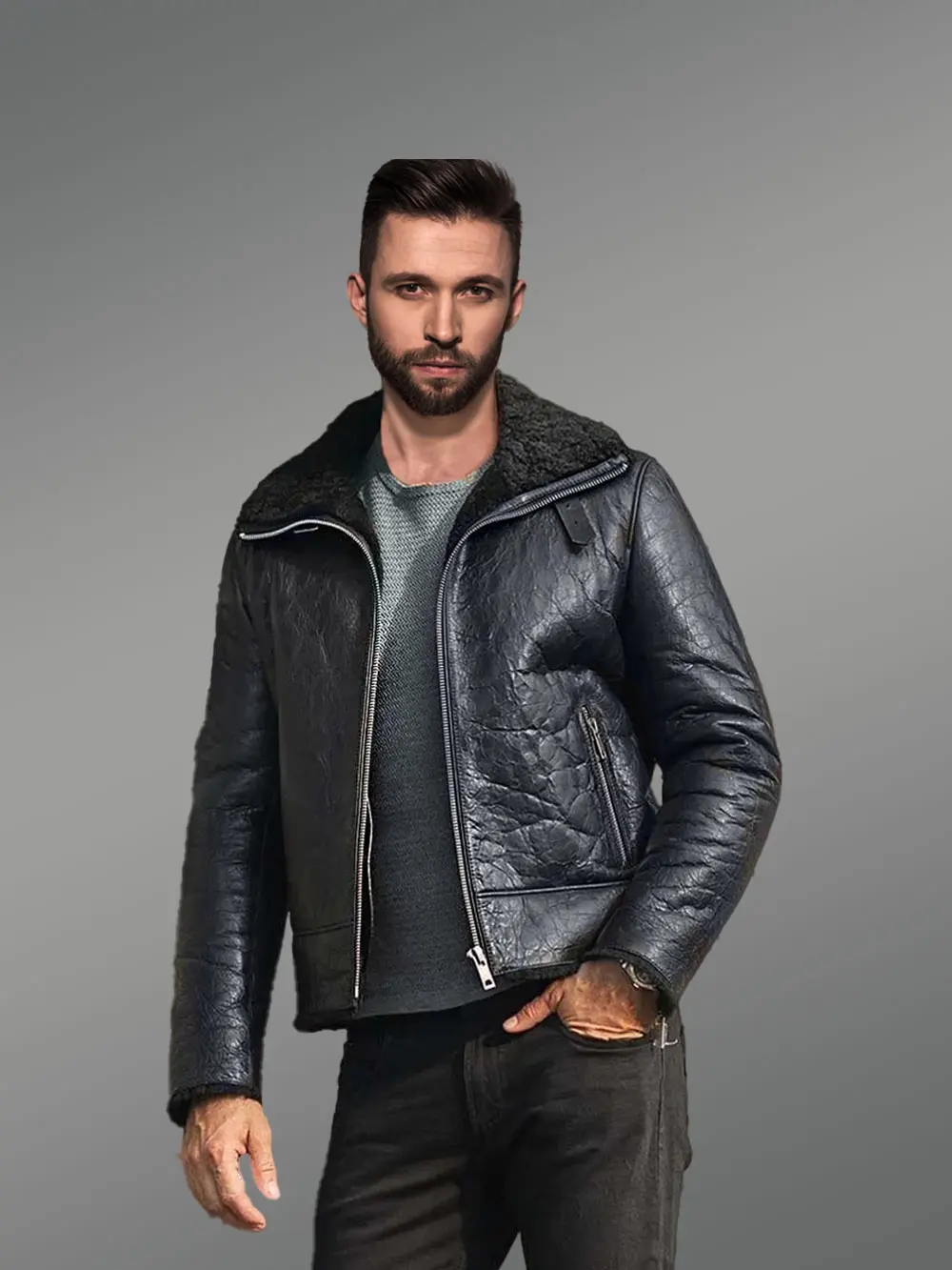 Shearling Black Leather Jacket for Men - Image 4
