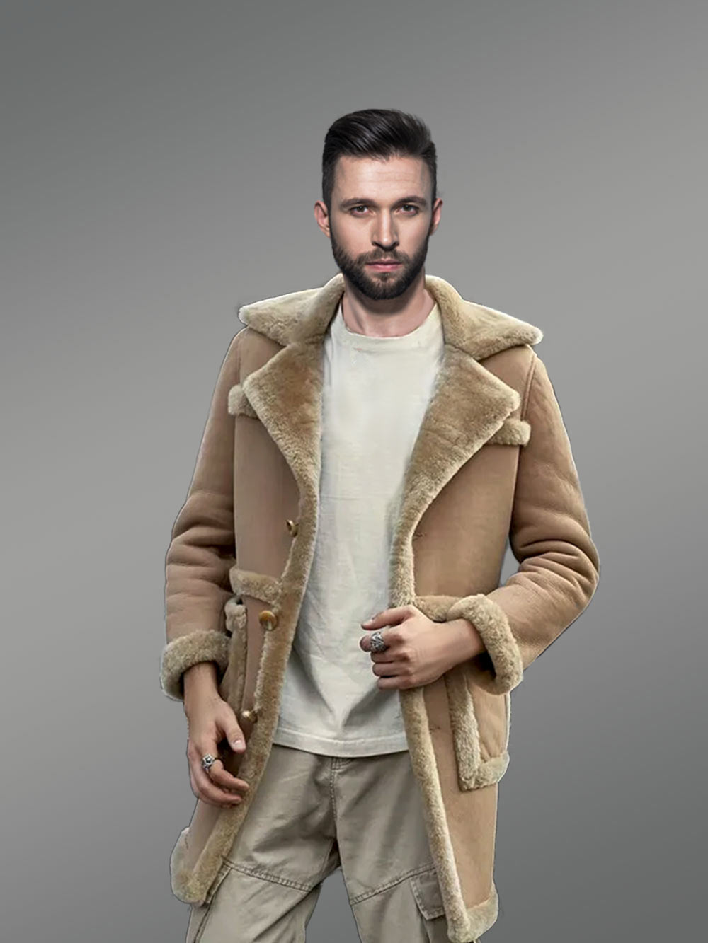 Mens Shearling Long Coat Flying Style Jacket