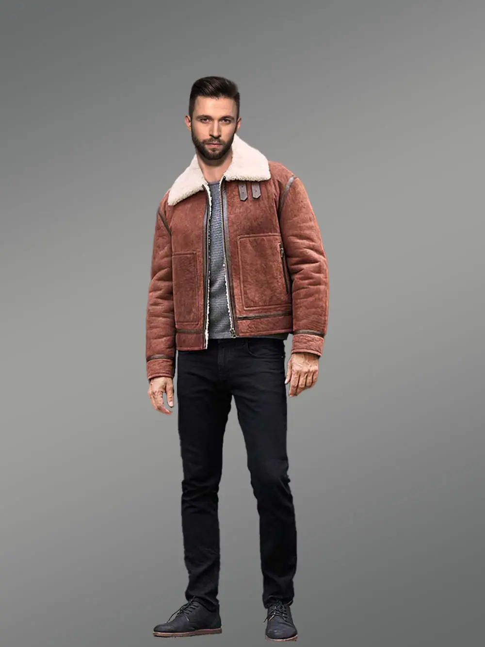 Men Sheepskin Jacket with Leather Straps - Image 4