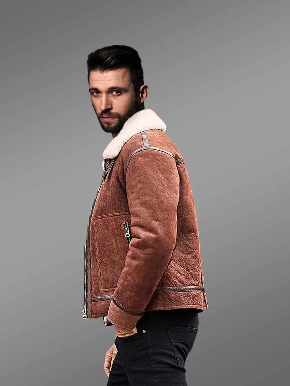 Men Sheepskin Jacket with Leather Straps - Image 5