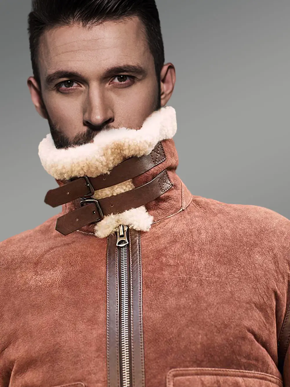 Men Sheepskin Jacket with Leather Straps - Image 6