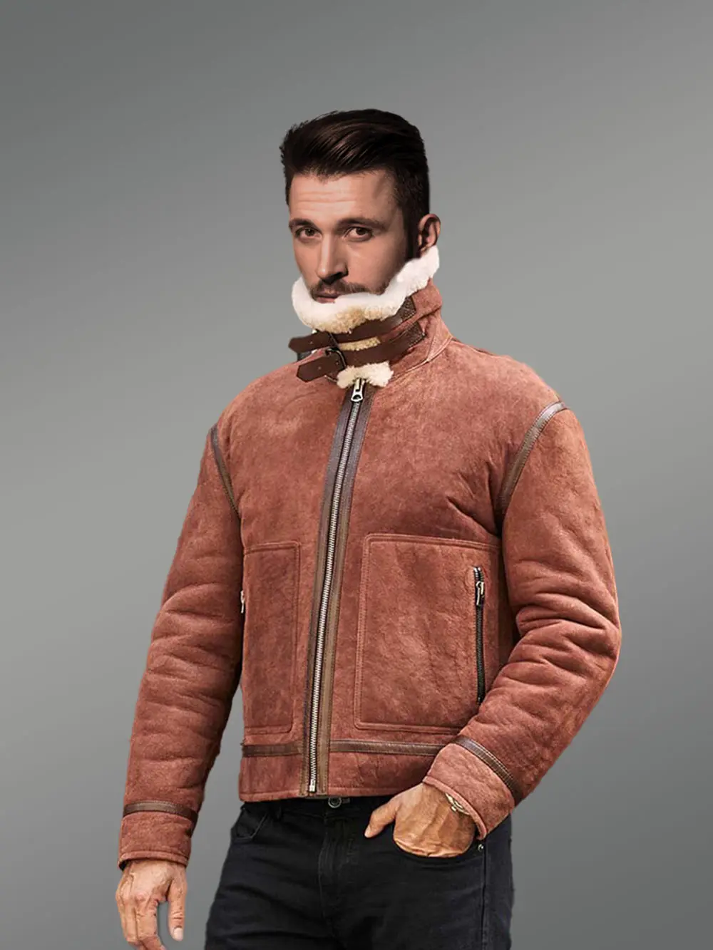 Men Sheepskin Jacket with Leather Straps - Image 7