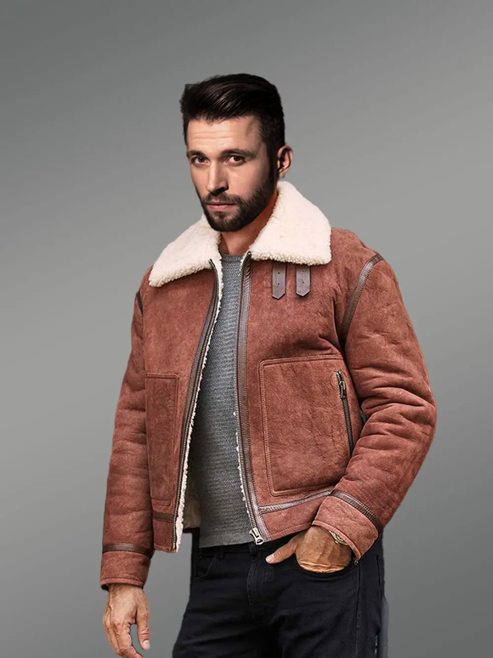 Men Sheepskin Jacket with Leather Straps - Image 2