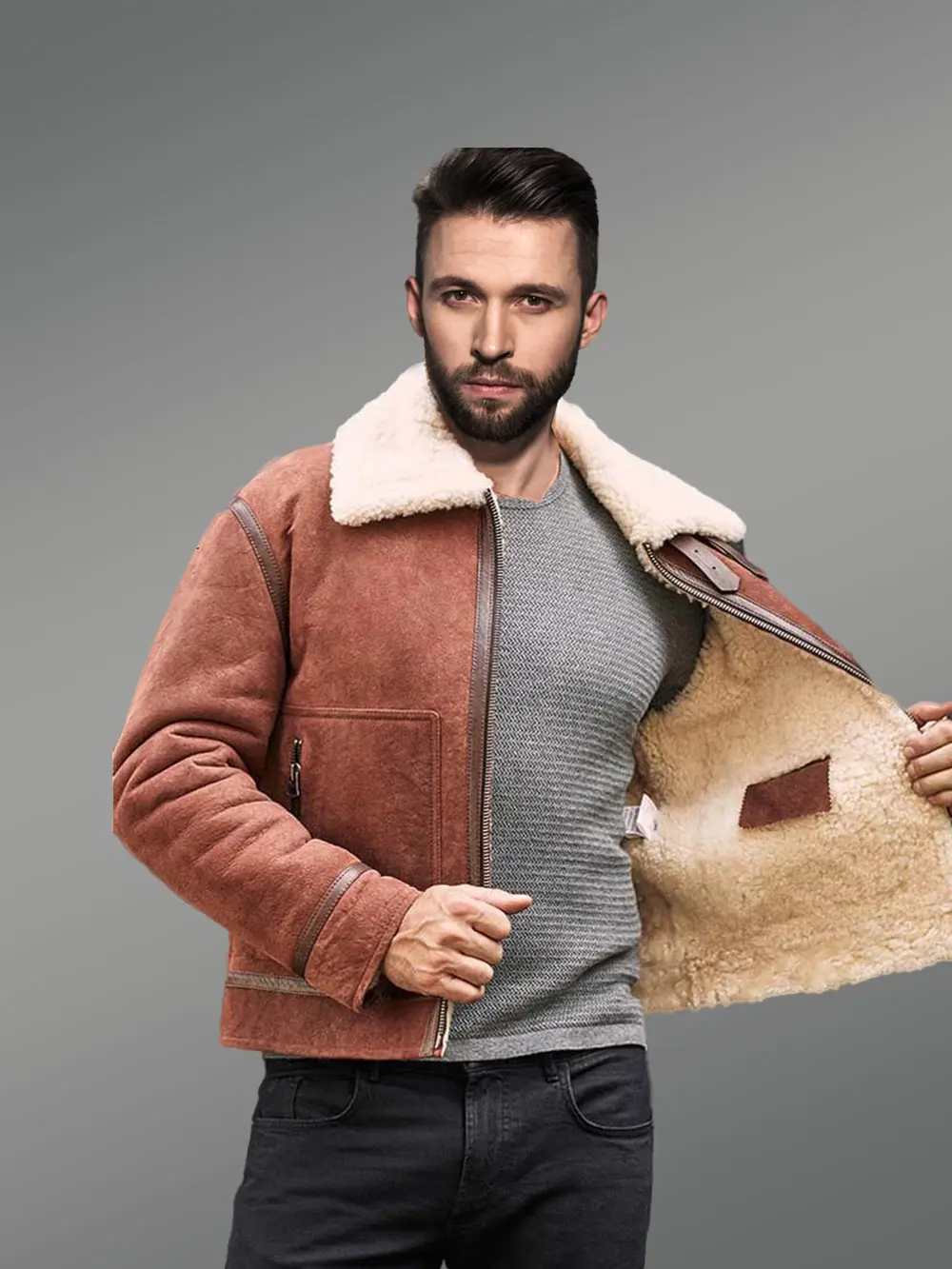 Men Sheepskin Jacket with Leather Straps - Image 3