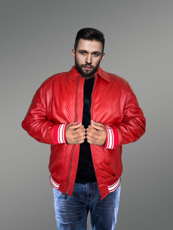 Mens Red Lambskin Leather Bomber – Vibrant Looks with Promise of Comfort - Image 3
