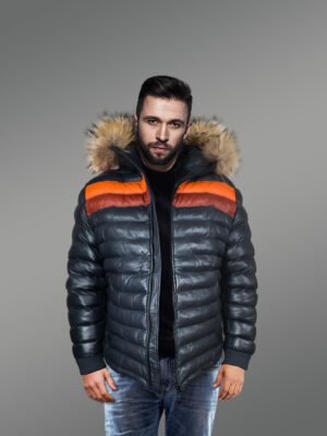 Down Leather Bomber with Raccoon Fur Hood