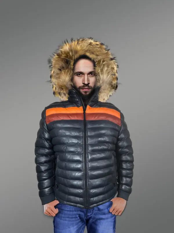 Down Leather Jacket with Fur Trims Accentuating the Hood - Image 4