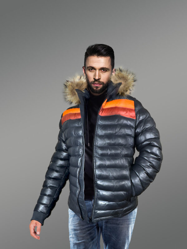 Down Leather Jacket with Fur Trims Accentuating the Hood - Image 3