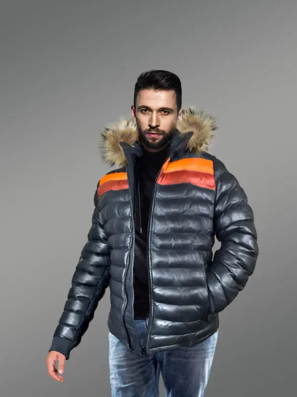Down Leather Jacket with Fur Trims Accentuating the Hood - Image 3