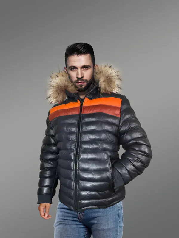 Down Leather Jacket with Fur Trims Accentuating the Hood - Image 2