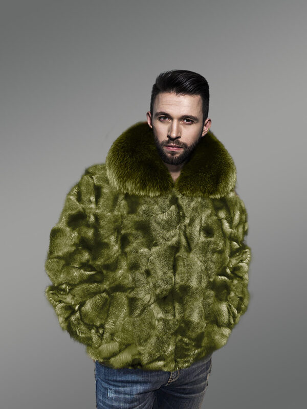 Men Fox Fur Bomber in Olive - Image 2