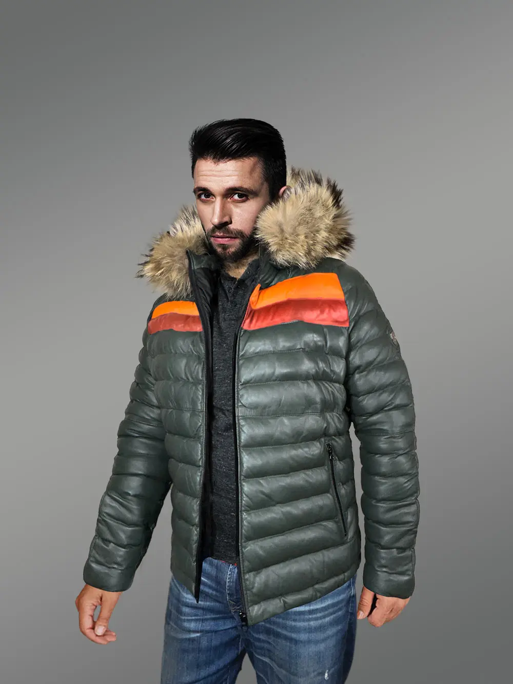 Goose Down Leather Bomber for Men - Image 3