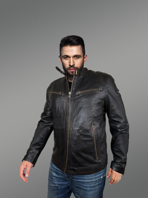 Leather Moto Jacket with Band Collar – Step out In Style - Image 4