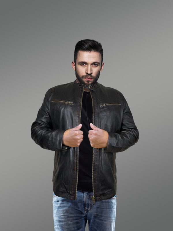 Leather Moto Jacket with Band Collar – Step out In Style - Image 3