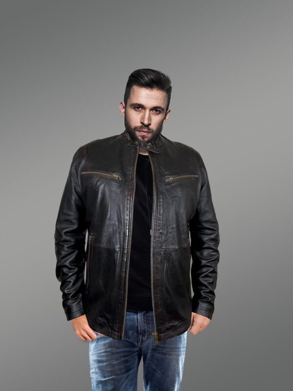 Leather Moto Jacket with Band Collar – Step out In Style - Image 2