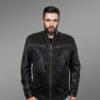 Leather Motorcycle Jacket with Band Collar