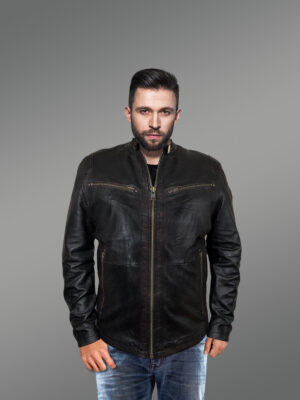 Leather Motorcycle Jacket with Band Collar