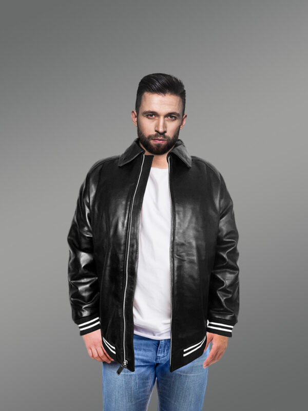 Stylish Leather Bomber with a Zip-up Front - Image 2