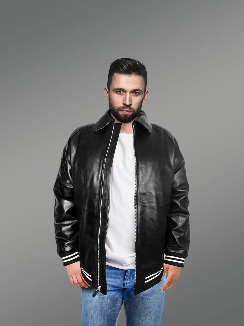 Stylish Leather Bomber with a Zip-up Front - Image 2