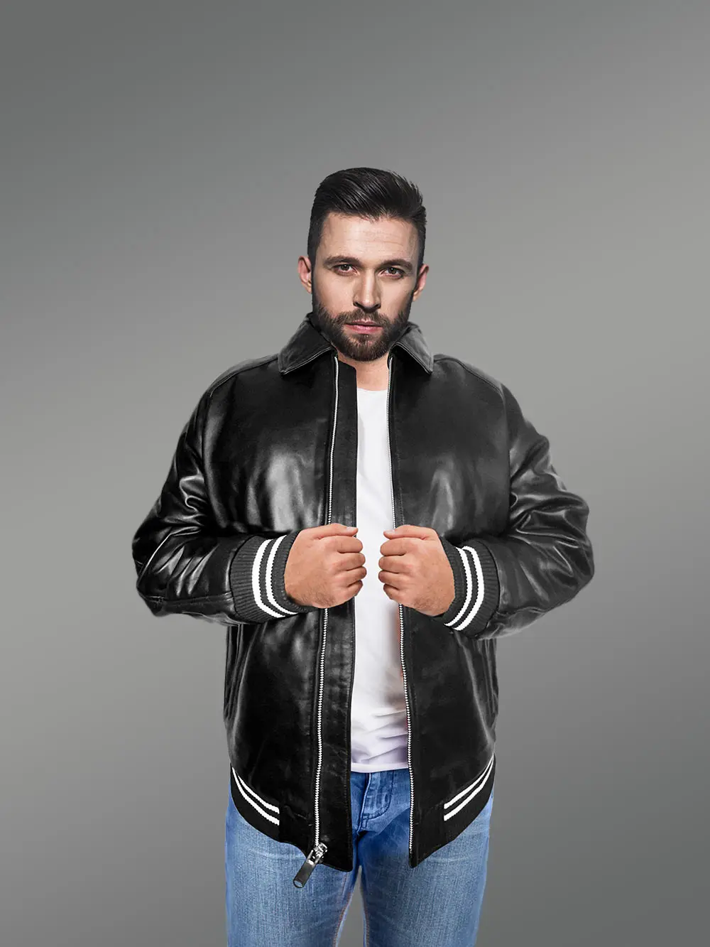 Stylish Leather Bomber with a Zip-up Front