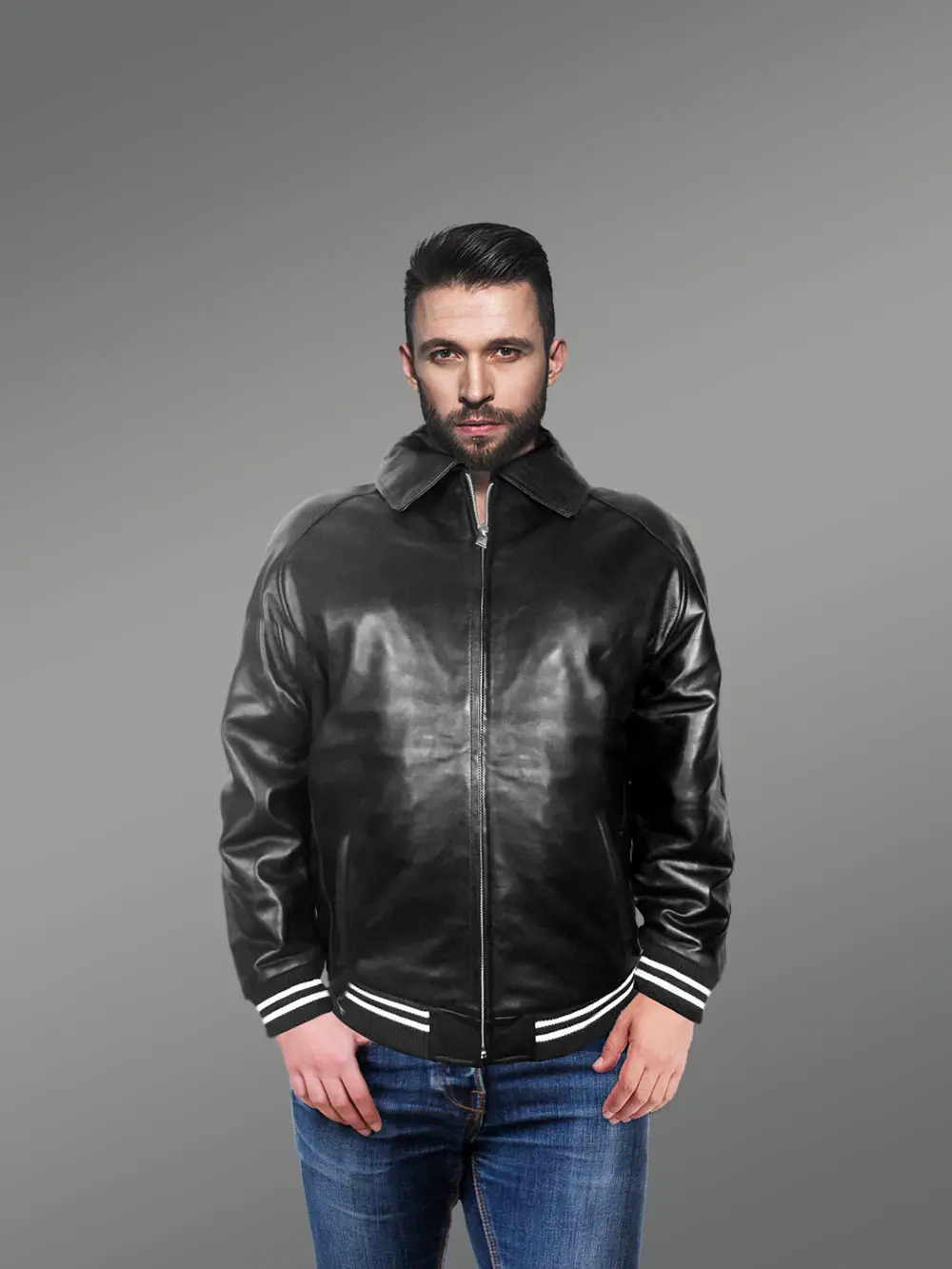 Stylish Leather Bomber with a Zip-up Front - Image 3