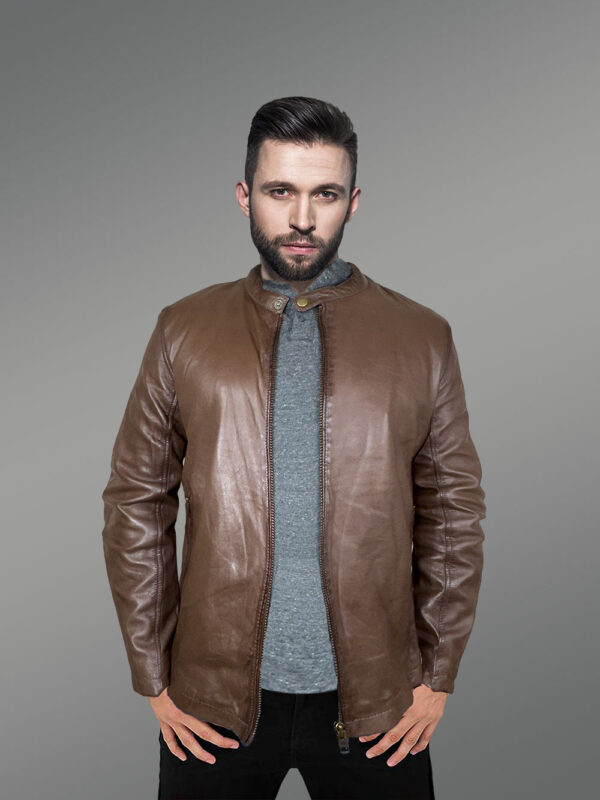 Motorcycle Leather Jacket with a Band Collar