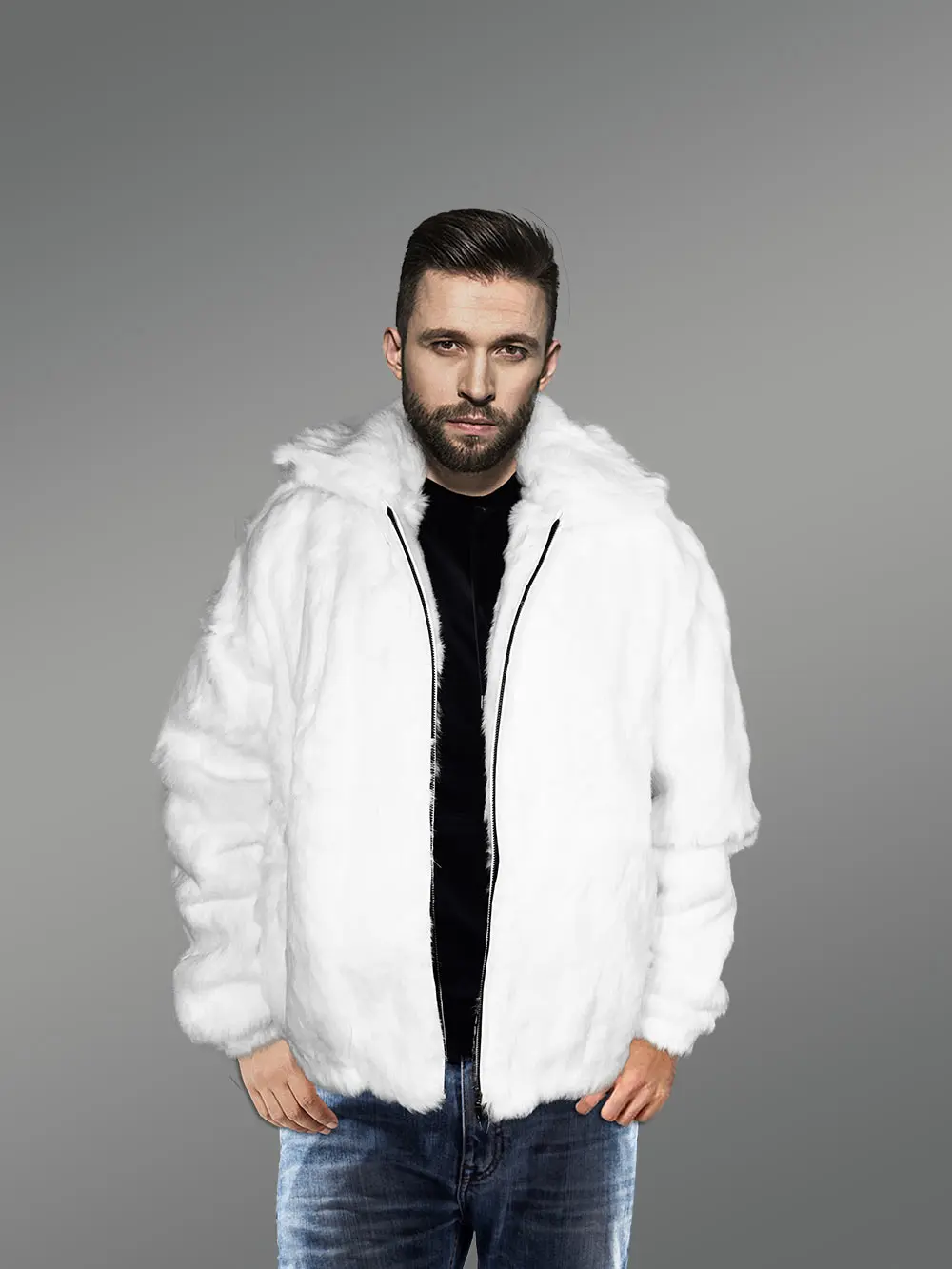 Mens White Coat of Rabbit Fur - Image 5