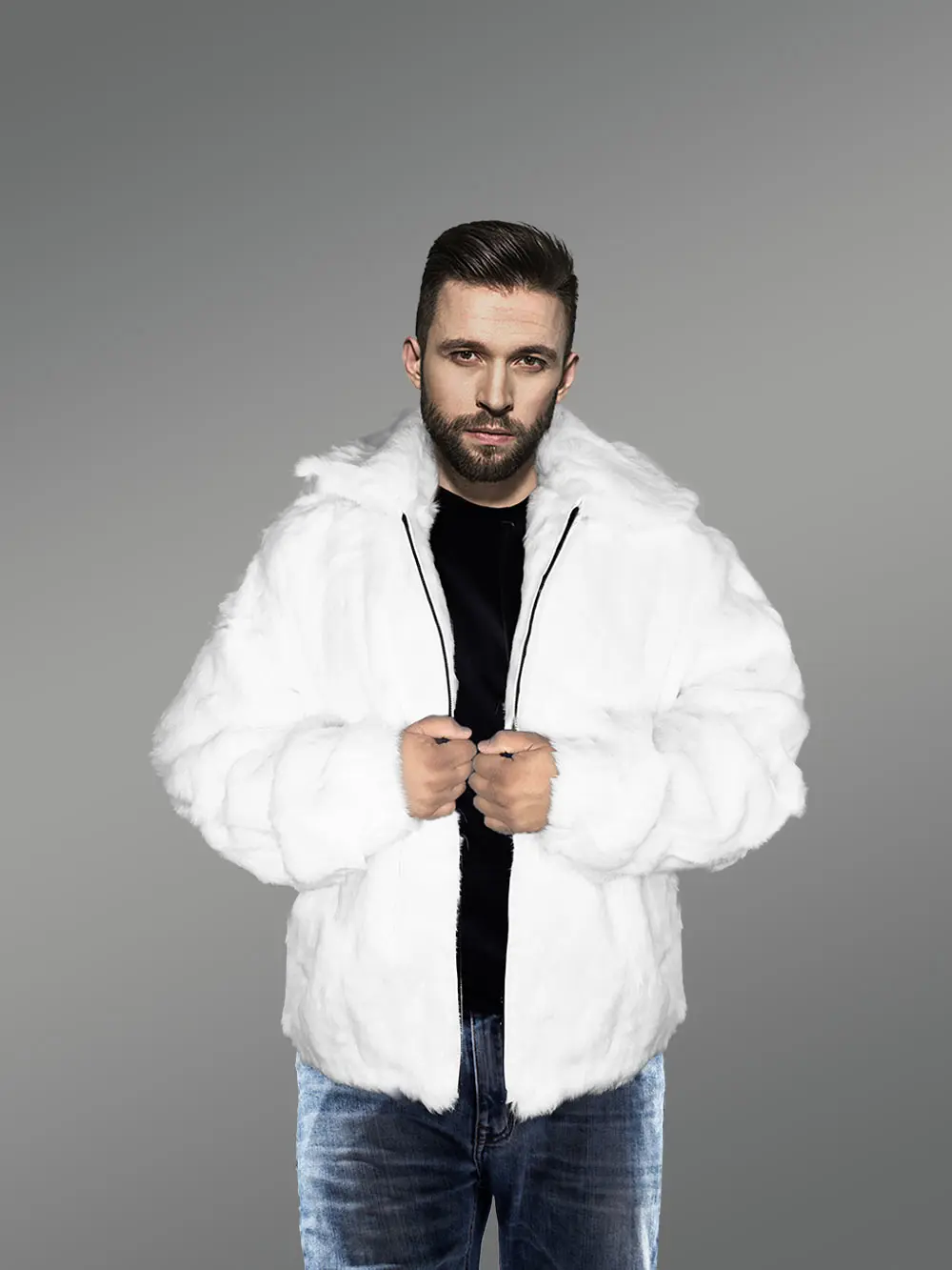 Mens White Coat of Rabbit Fur - Image 3