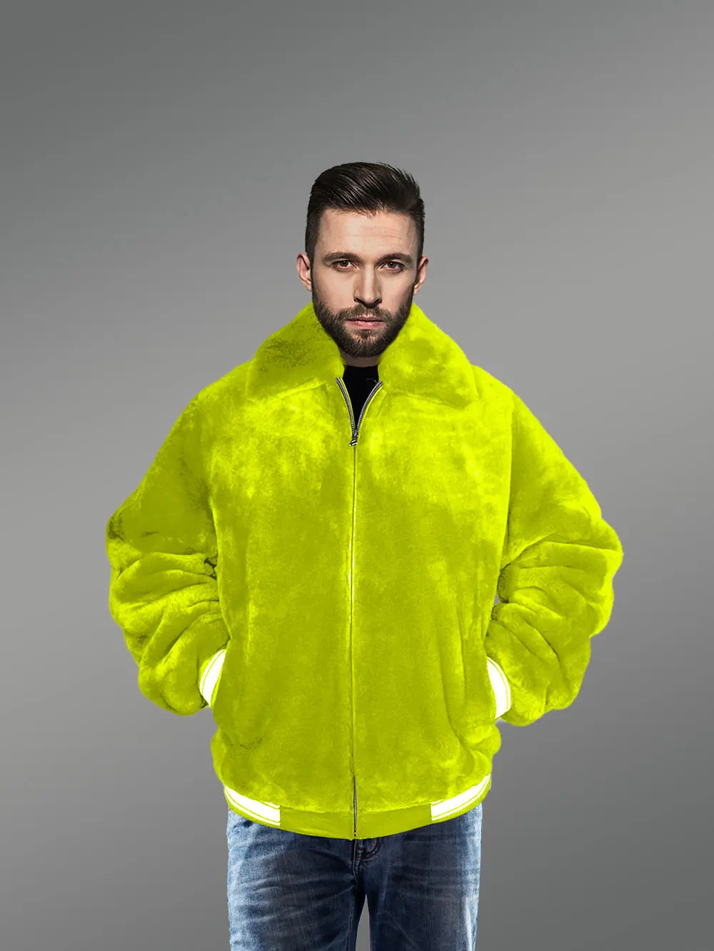 Sheepskin Mouton Varsity Jacket in Bottle Green - Image 2