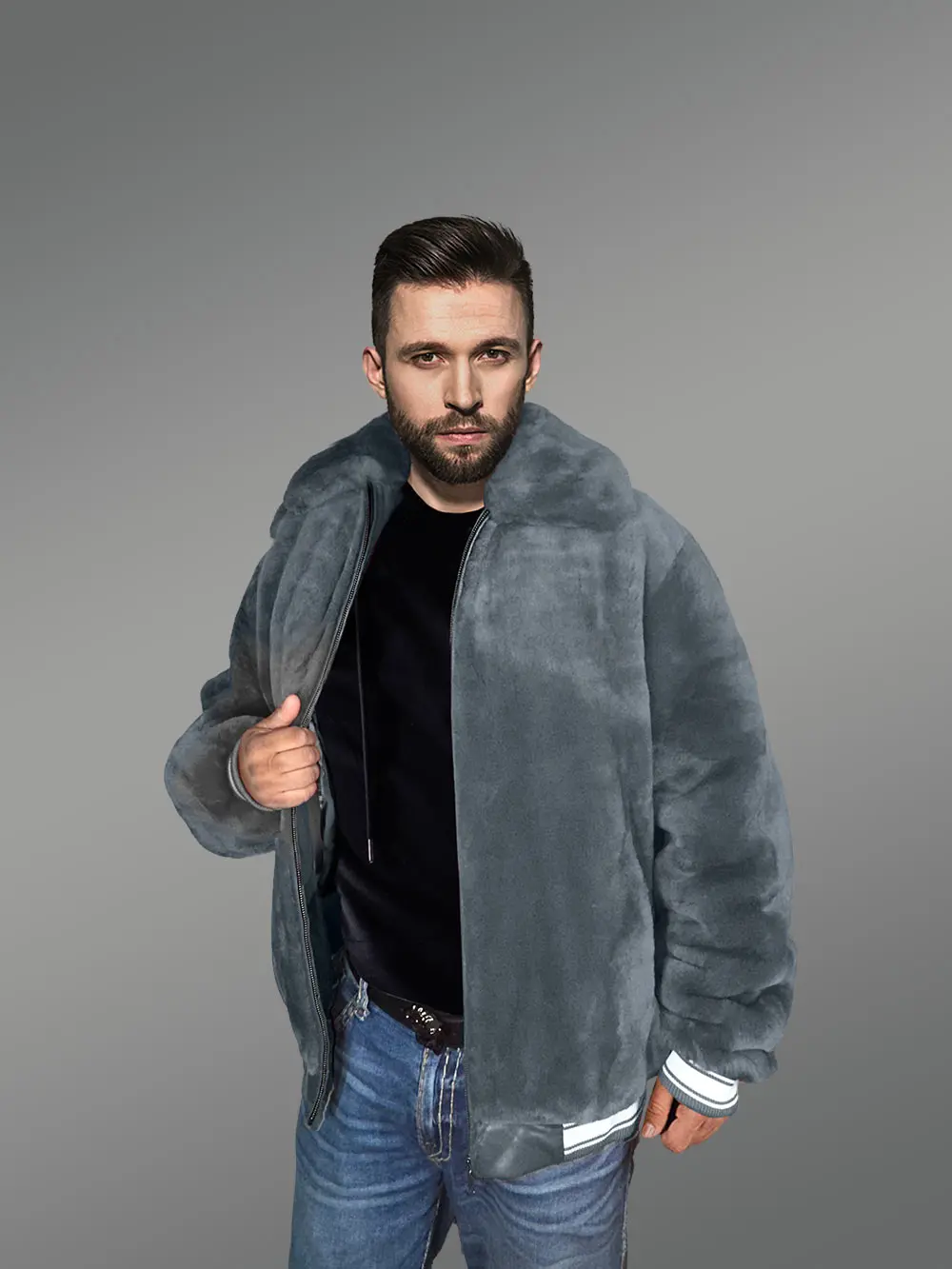 Sheepskin Mouton Varsity Jacket in Grey - Image 3