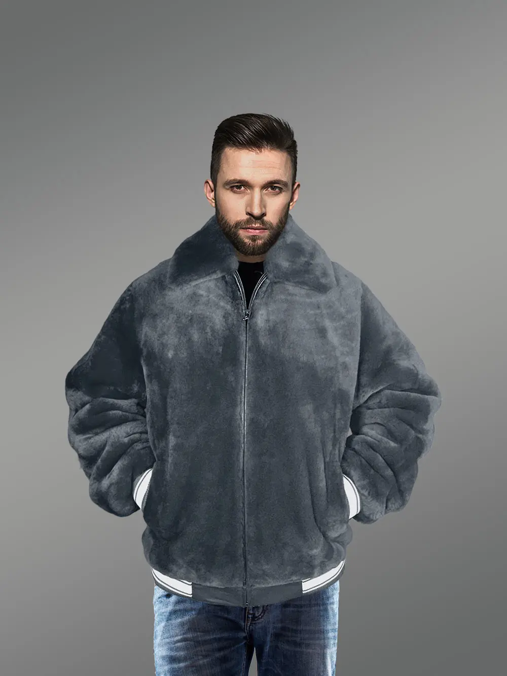 Sheepskin Mouton Varsity Jacket in Grey