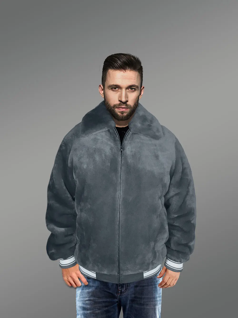 Sheepskin Mouton Varsity Jacket in Grey - Image 2