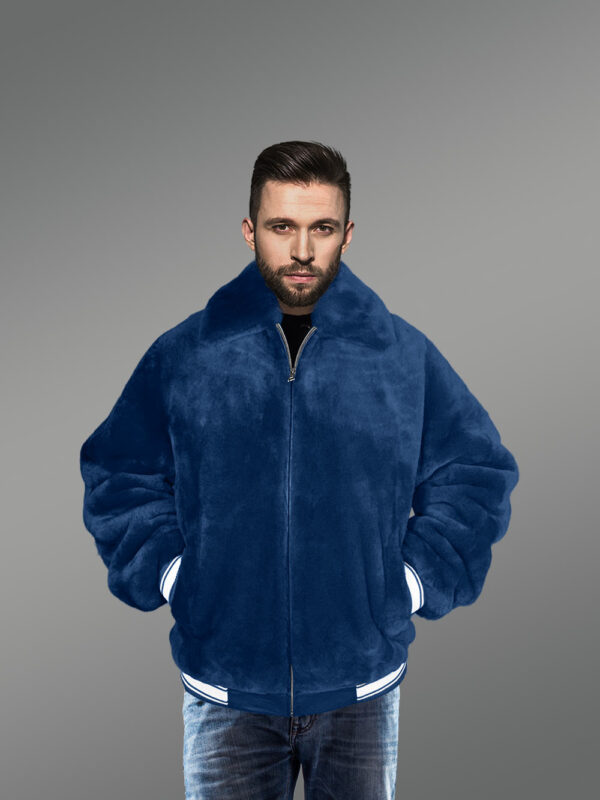 Sheepskin Mouton Varsity Jacket in Navy