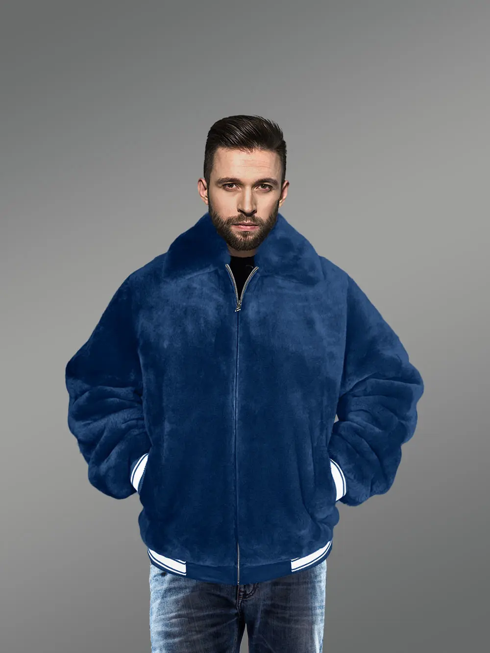 Sheepskin Mouton Varsity Jacket in Navy