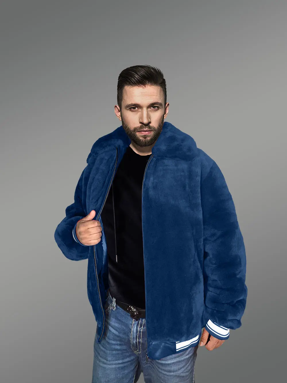 Sheepskin Mouton Varsity Jacket in Navy - Image 3