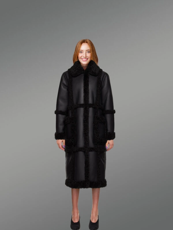 Women Shearling Classic long black Coat