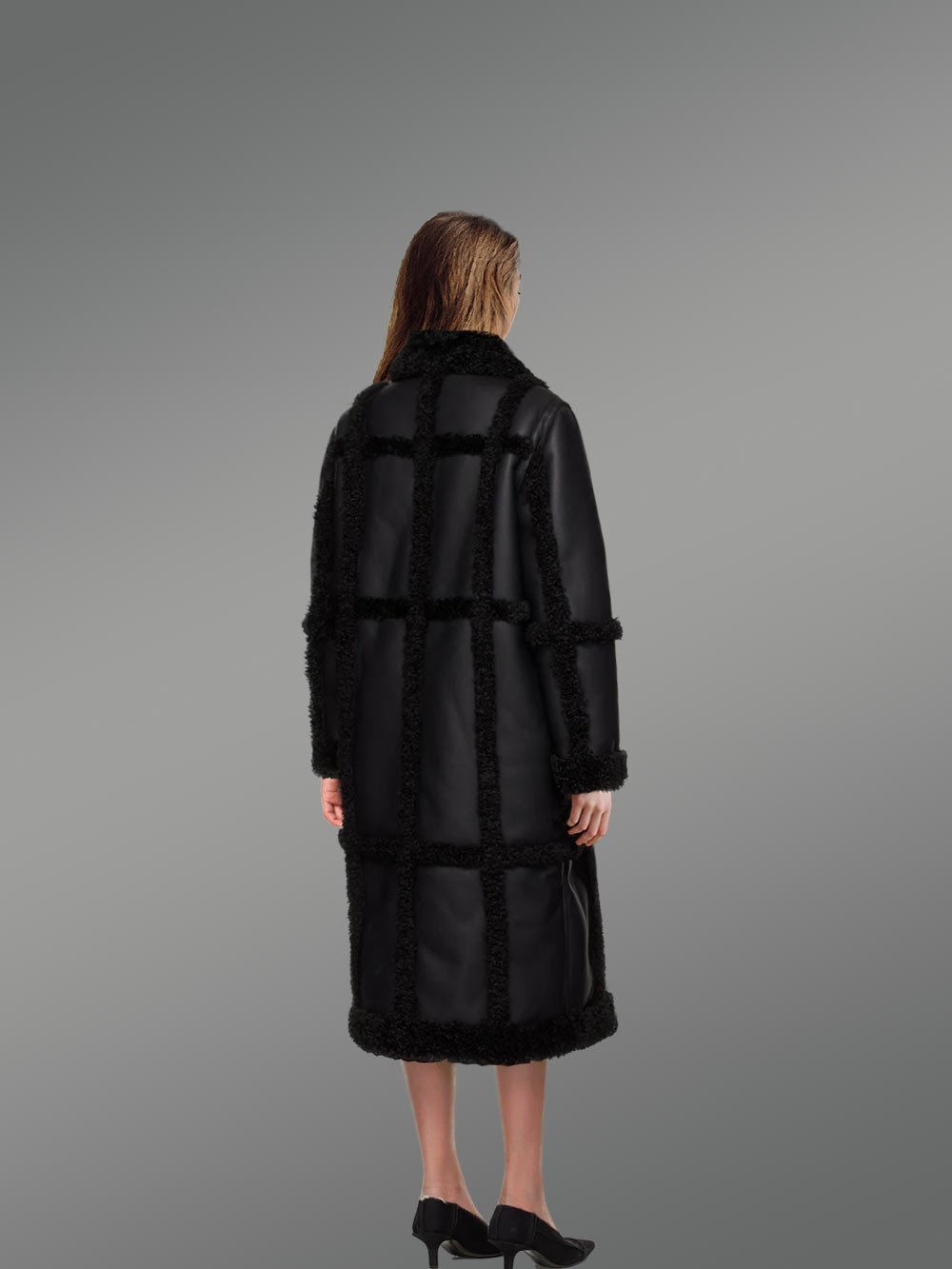 Women Shearling Classic Long Black Coat - Image 4
