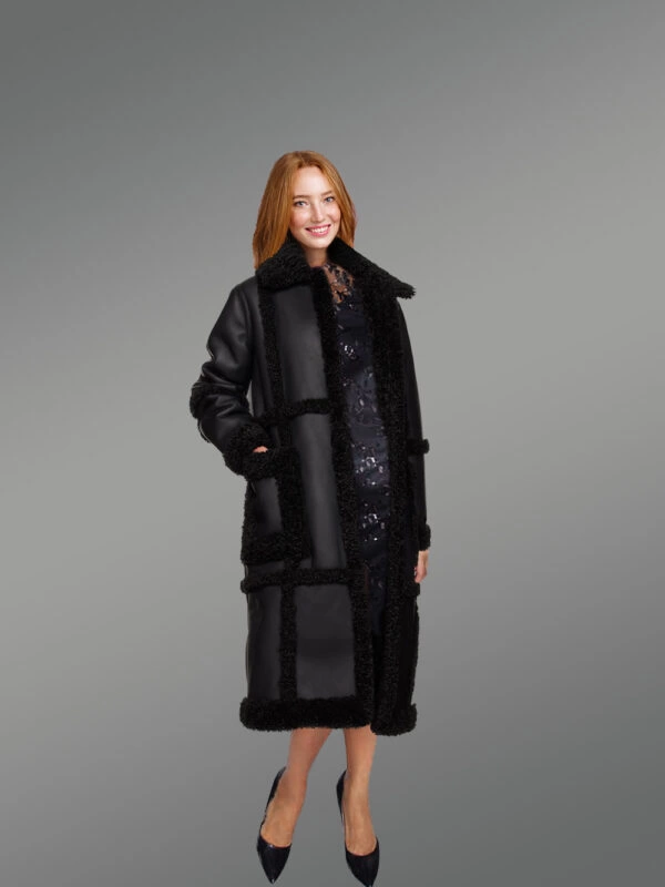 Women Shearling Classic Long Black Coat - Image 3